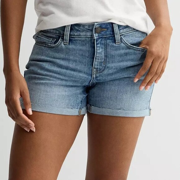 SO Womens Low-Rise Cutt Off Midi Shorts Denim Stretch Medium Wash Blue Size 14 - Picture 1 of 11